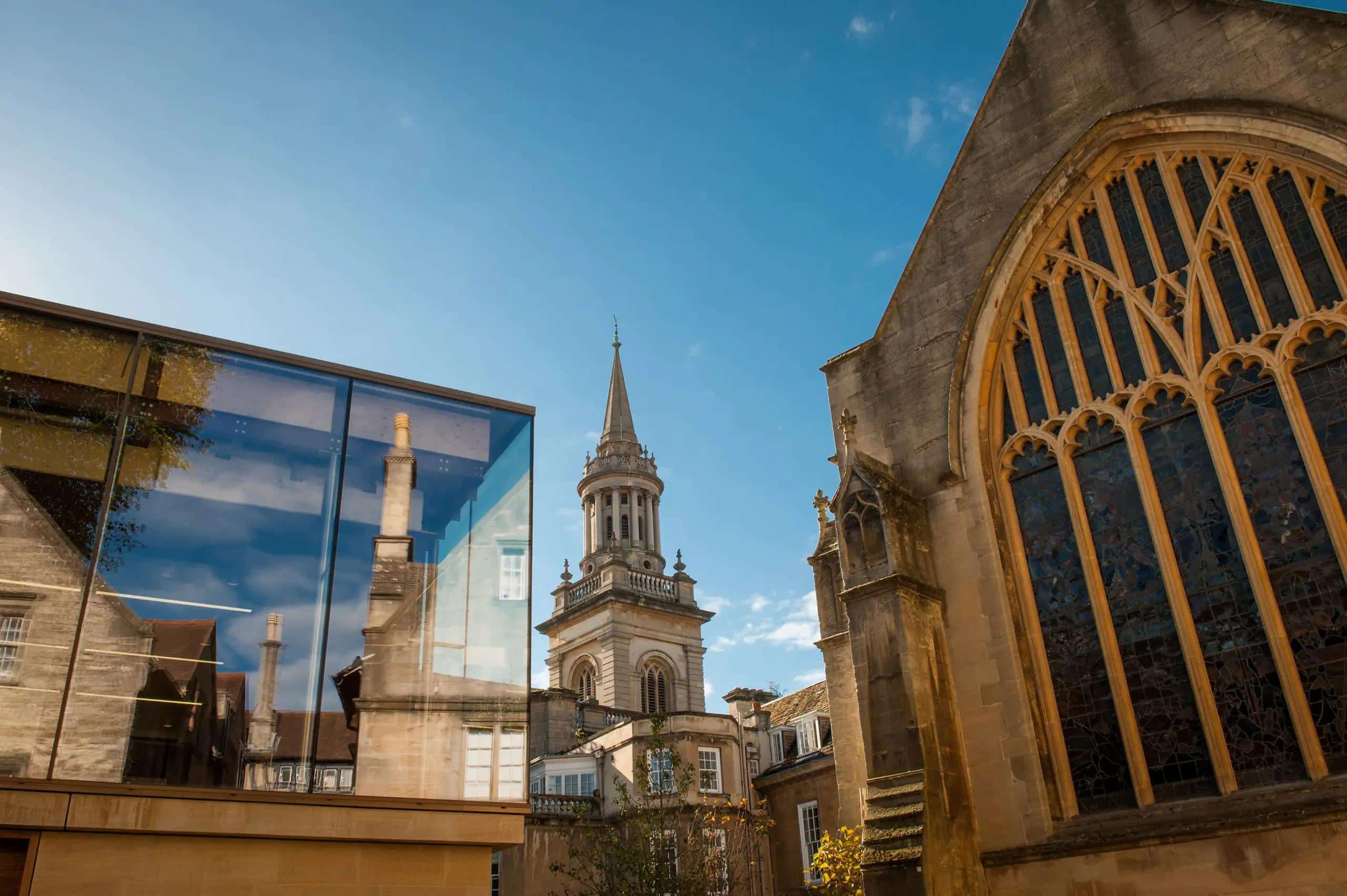 Photo of Lincoln College's berrow foundation building, Library tower, and chapel window